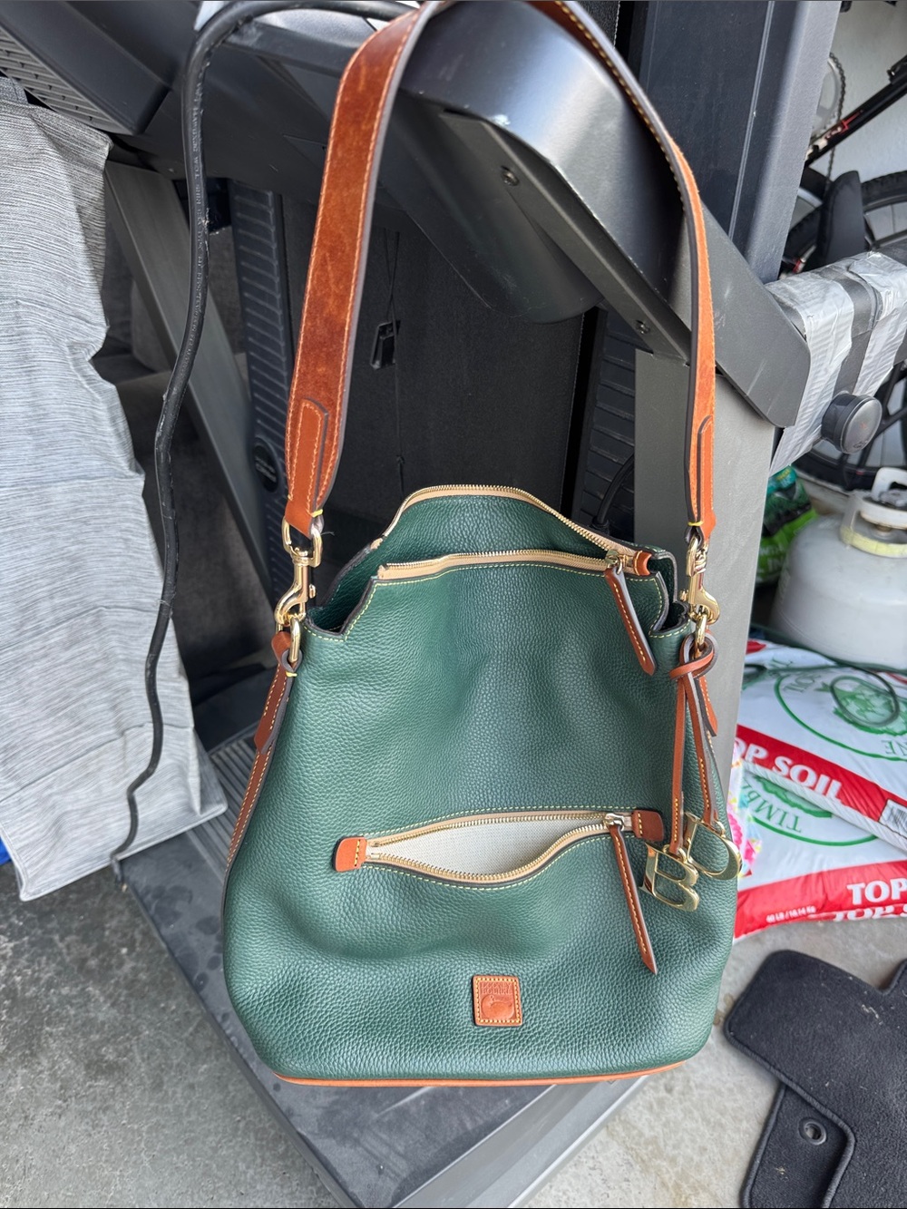 Dooney & Bourke Forest Green Leather Shoulder Hobo with Tan Trim
